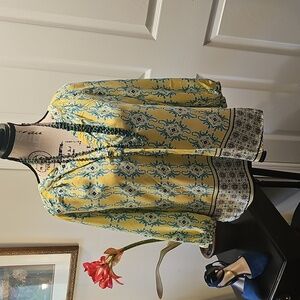 Crown & Ivy, 3/4 Gathered Sleeve Blouse, Yellow/green patterned, Women's, Size M
